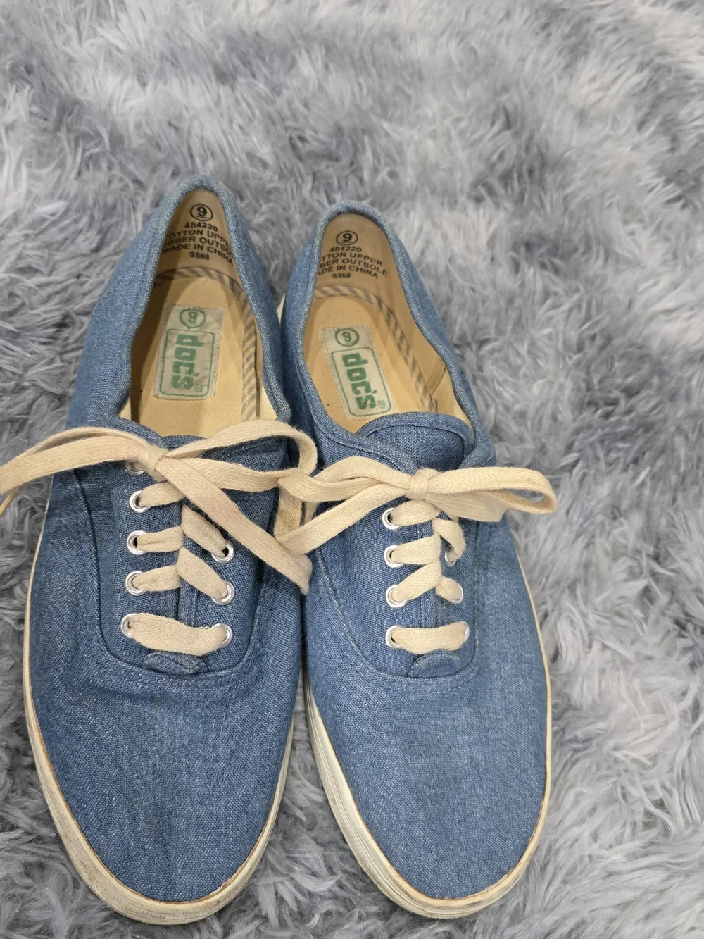 Vintage Denim Blue Canvas Lace-Up Sneakers with Cream Laces, Size 9